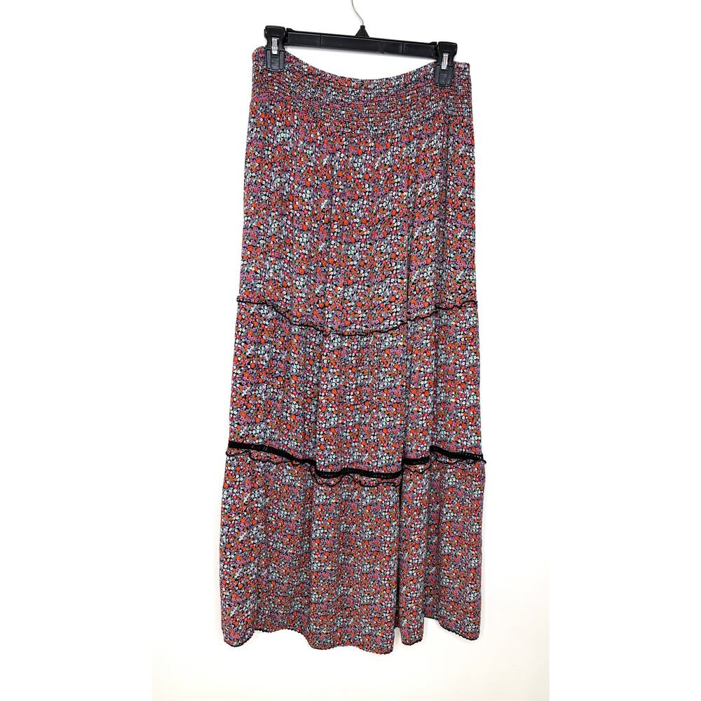 BILA Ditsy Floral Tiered Midi/Maxi Skirt Sz M Smocked Waist Crochet Trim Boho - Picture 2 of 8